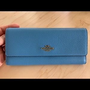 COACH Sky Blue Grained Leather Trifold Long Wallet